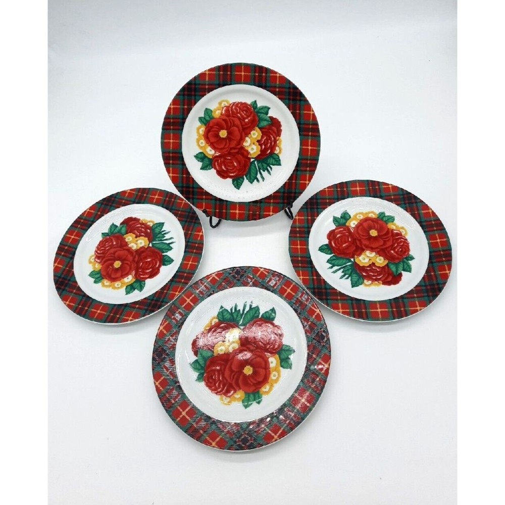 Vintage Holly Holderman Set Of 4 Red & Green Plaid Floral 8" Salad Plates